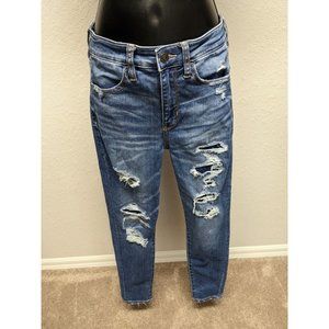 Womens American Eagle Super Stretch Hi-Rise Jegging Crop Distressed Jeans Size 2